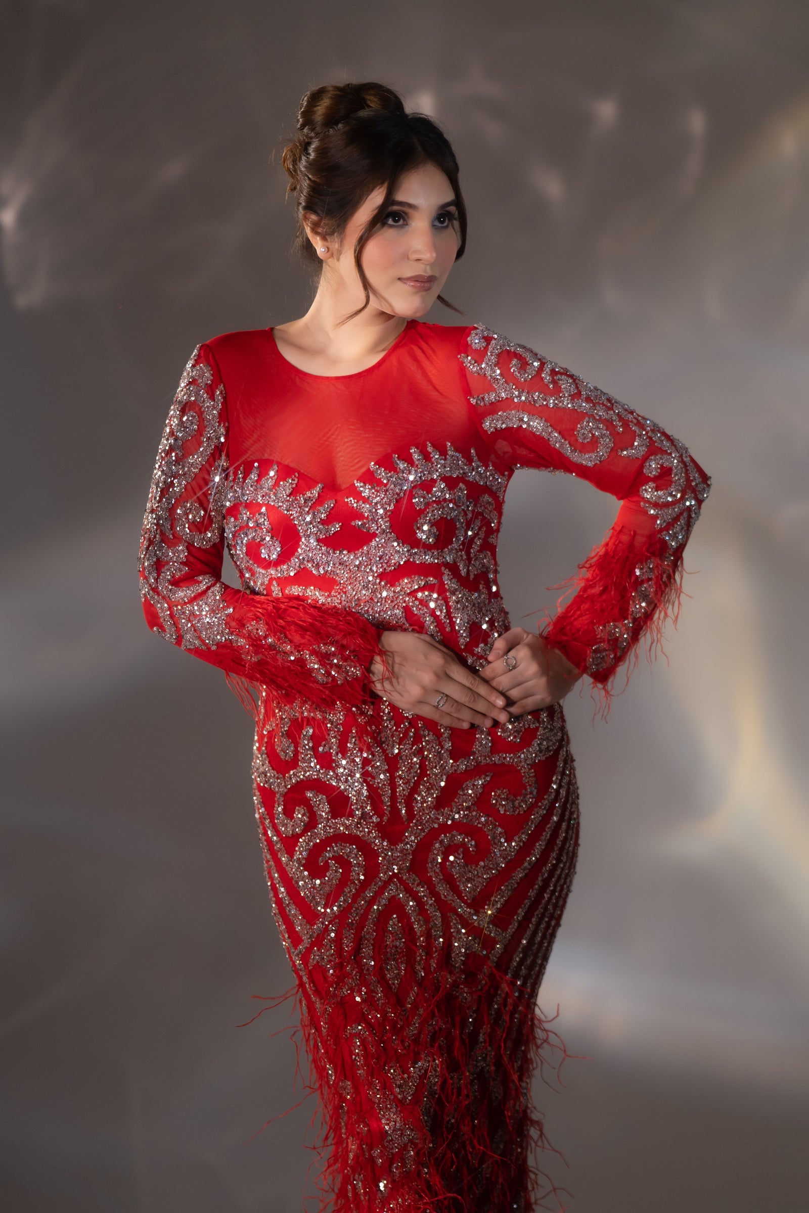 Bright Red Baroque Beaded & Feather Embellished Evening Gown