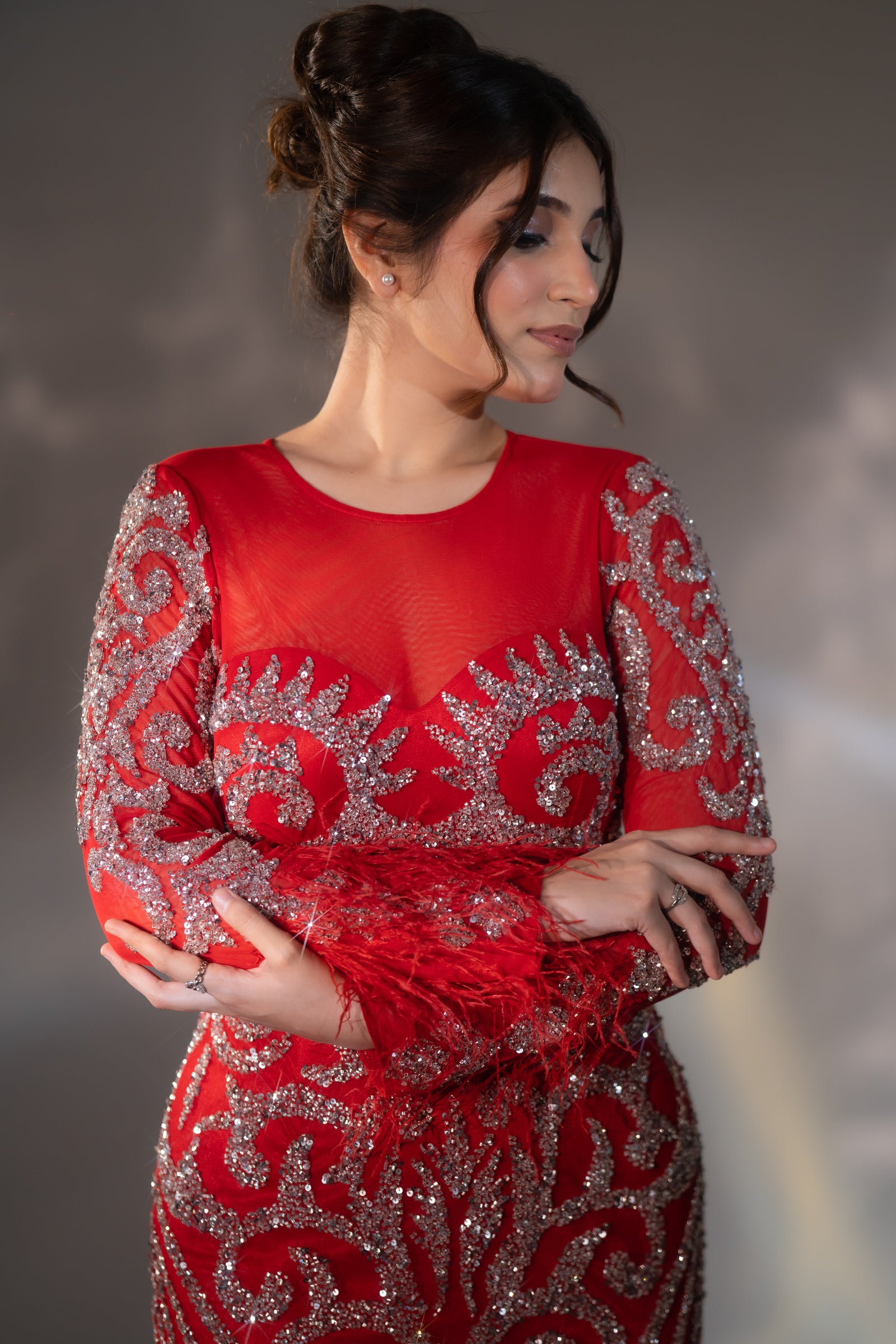 Bright Red Baroque Beaded & Feather Embellished Evening Gown
