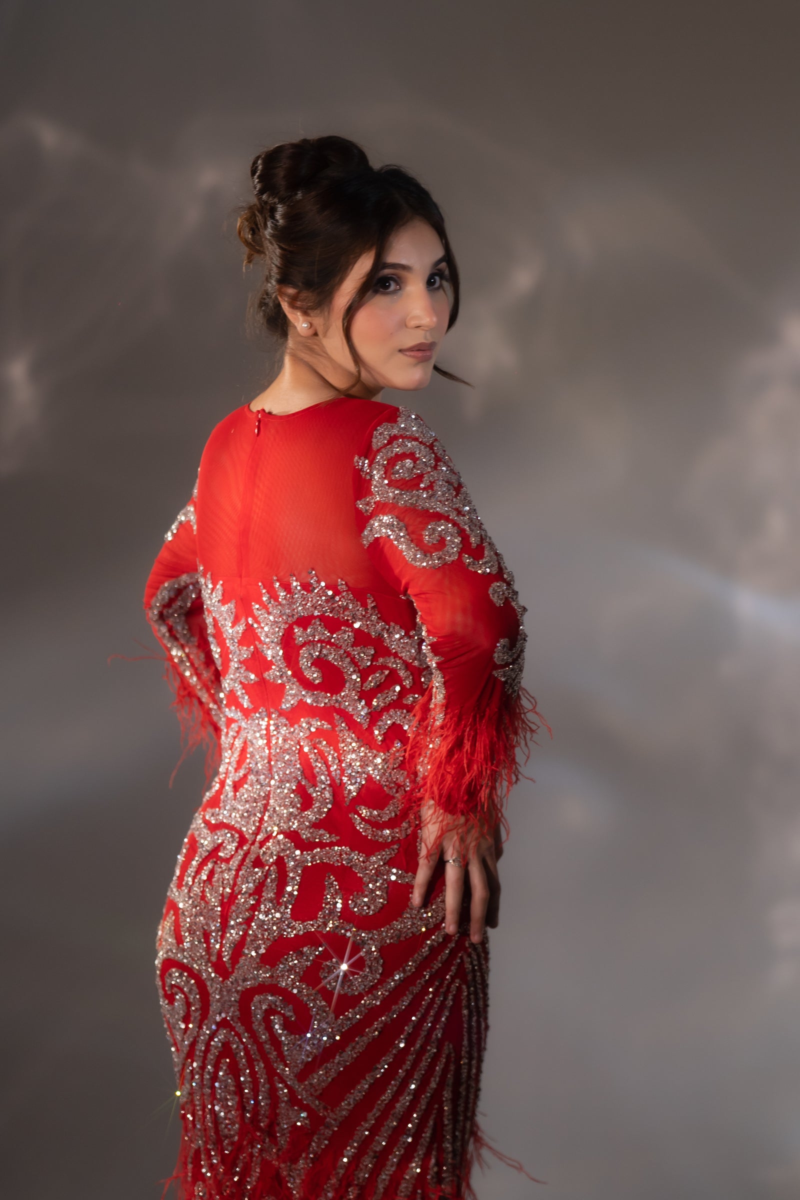 Bright Red Baroque Beaded & Feather Embellished Evening Gown