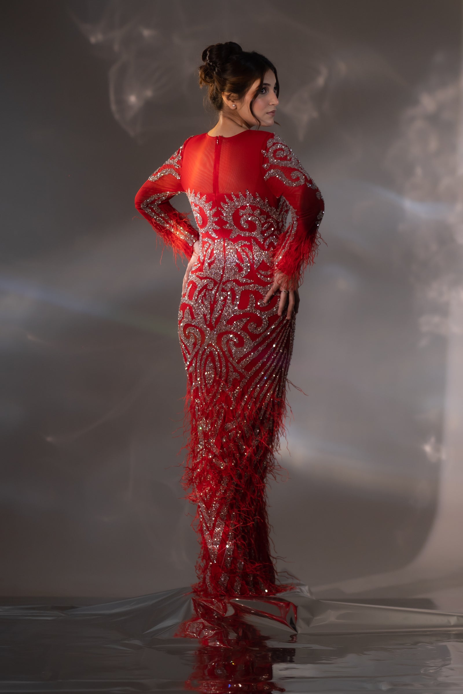 Bright Red Baroque Beaded & Feather Embellished Evening Gown