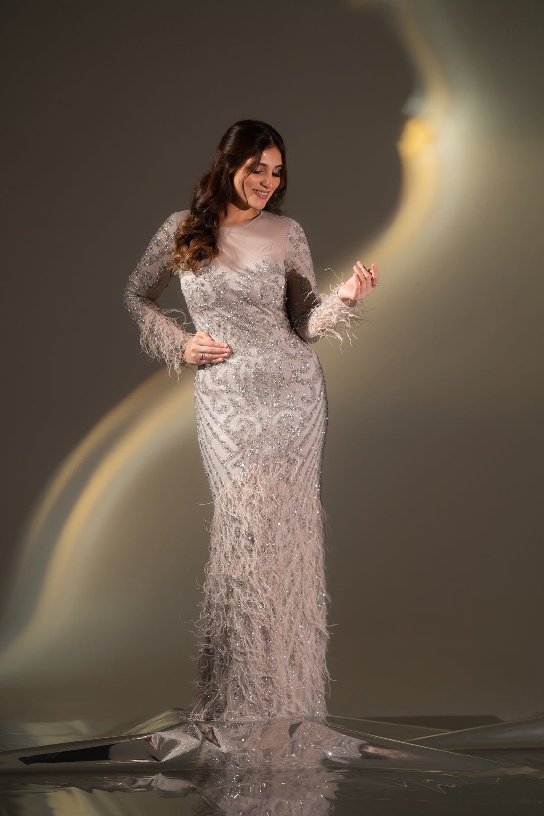 Champagne Beige Baroque Beaded & Feather Embellished Evening Gown