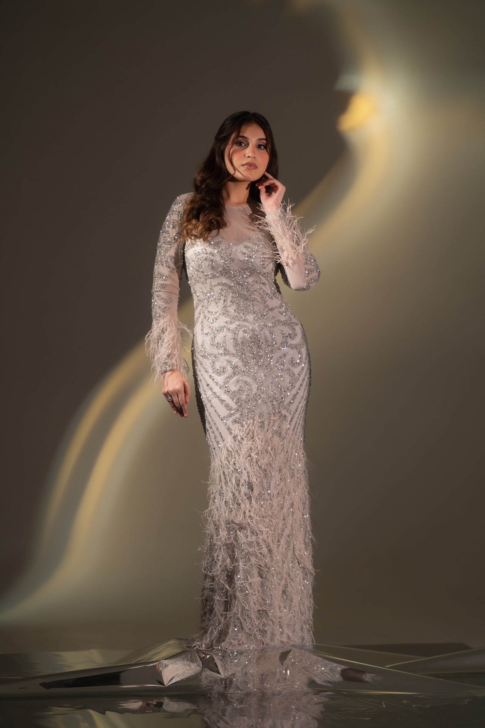 Champagne Beige Baroque Beaded & Feather Embellished Evening Gown
