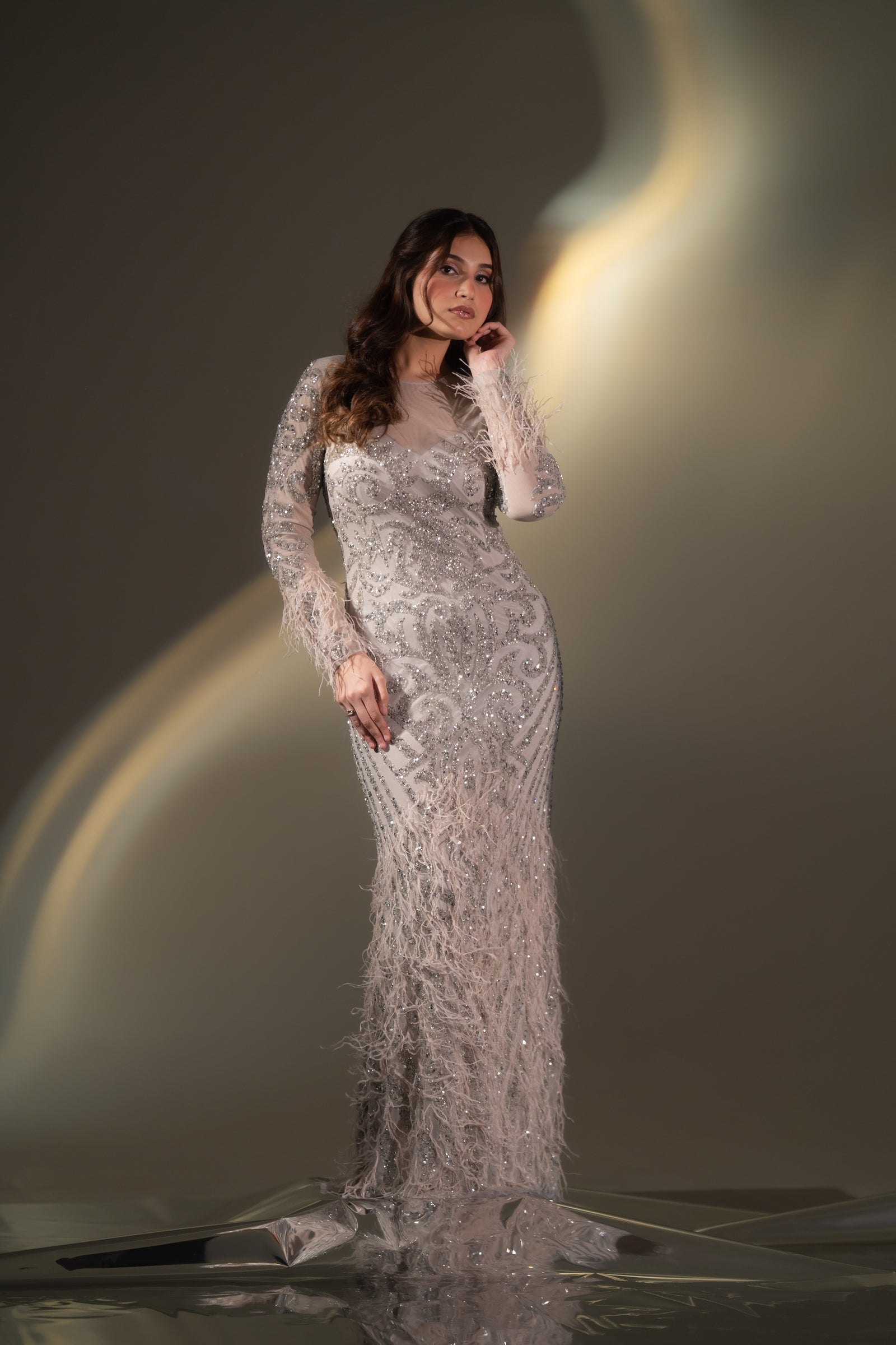 Champagne Beige Baroque Beaded & Feather Embellished Evening Gown