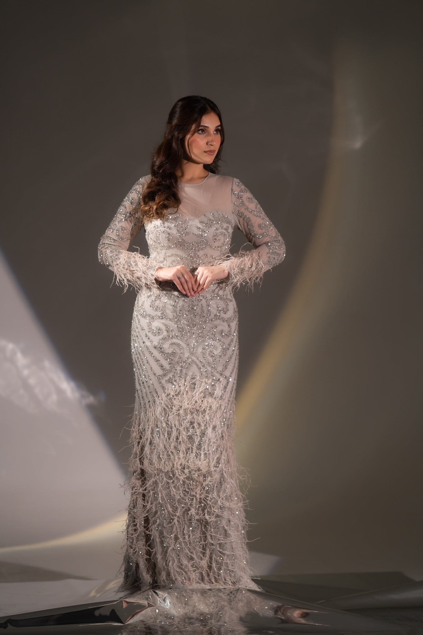 Champagne Beige Baroque Beaded & Feather Embellished Evening Gown