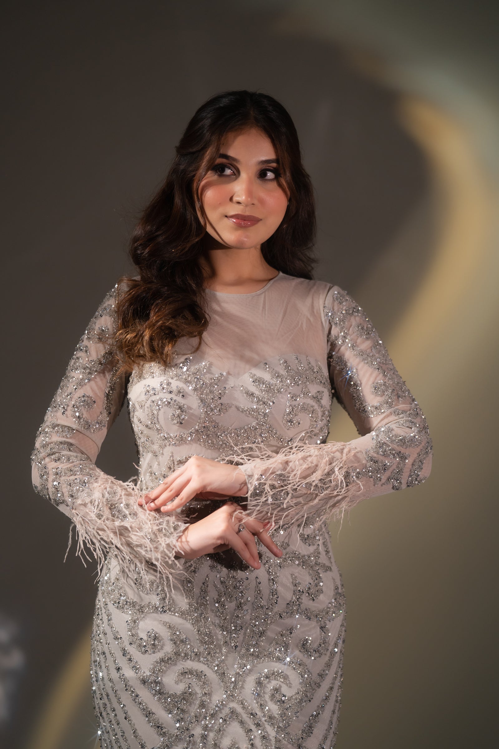 Champagne Beige Baroque Beaded & Feather Embellished Evening Gown