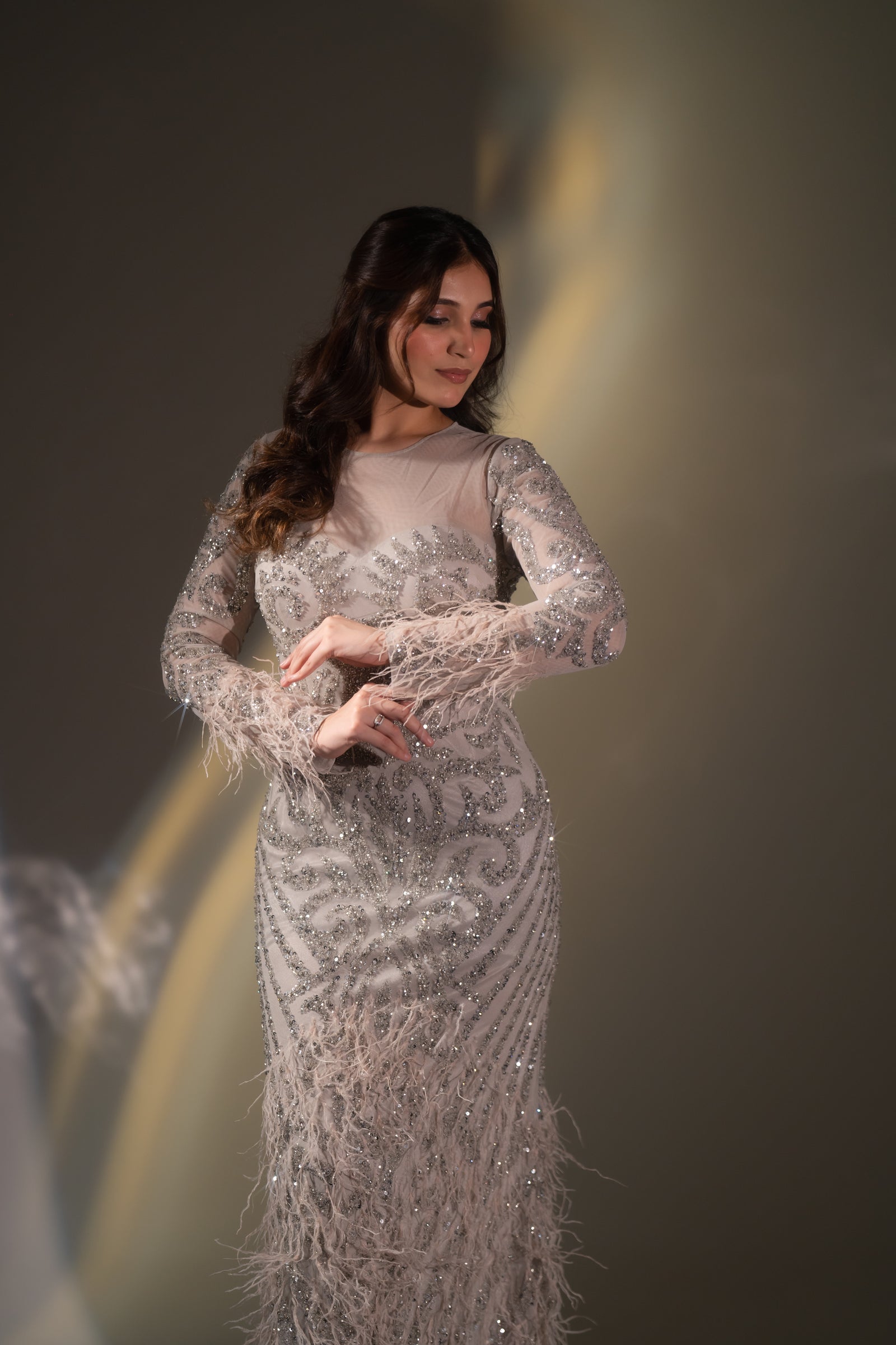 Champagne Beige Baroque Beaded & Feather Embellished Evening Gown
