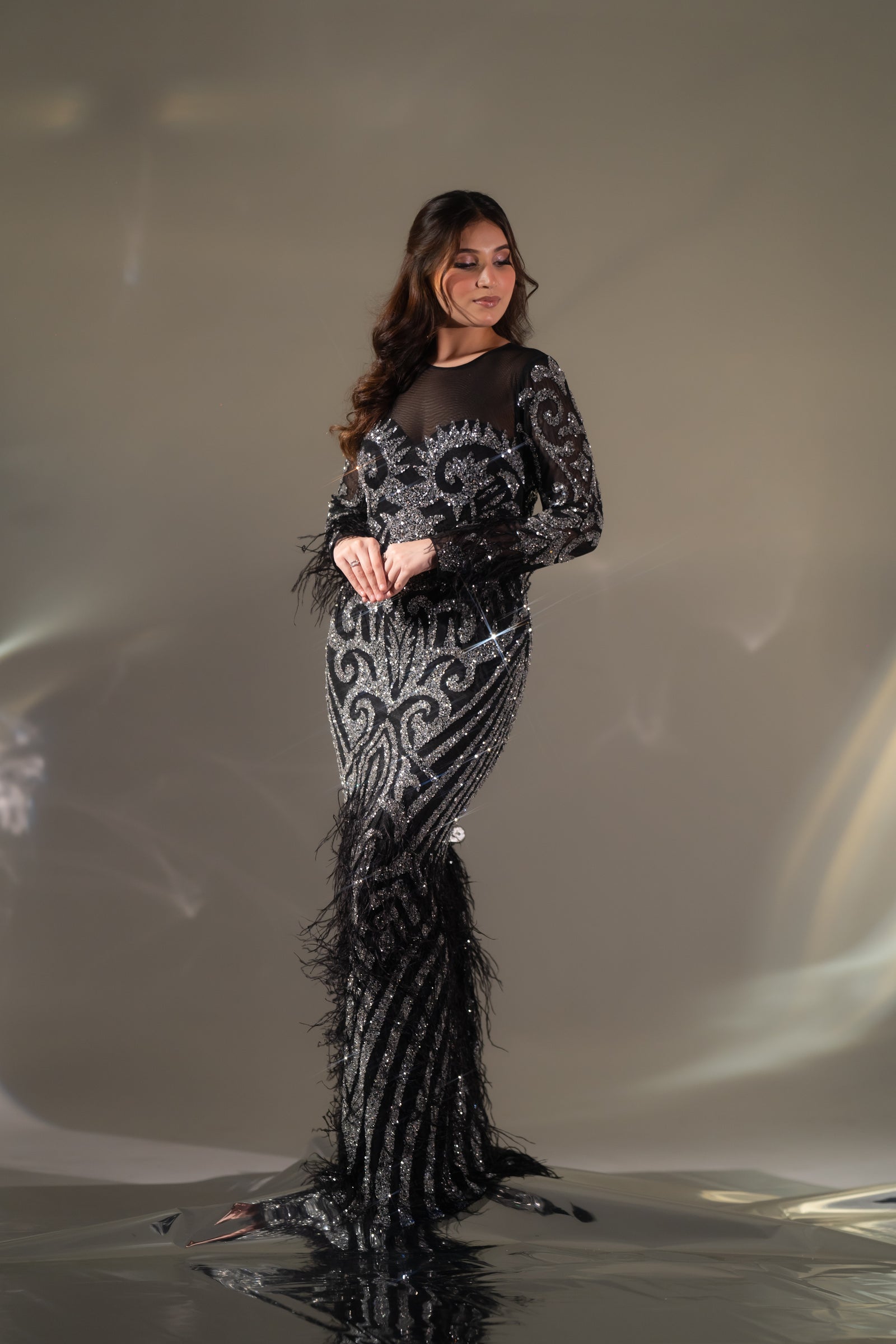 Midnight Black Baroque Beaded & Feather Embellished Evening Gown