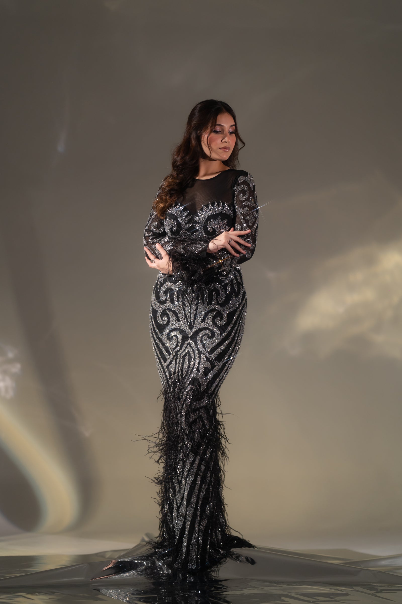 Midnight Black Baroque Beaded & Feather Embellished Evening Gown