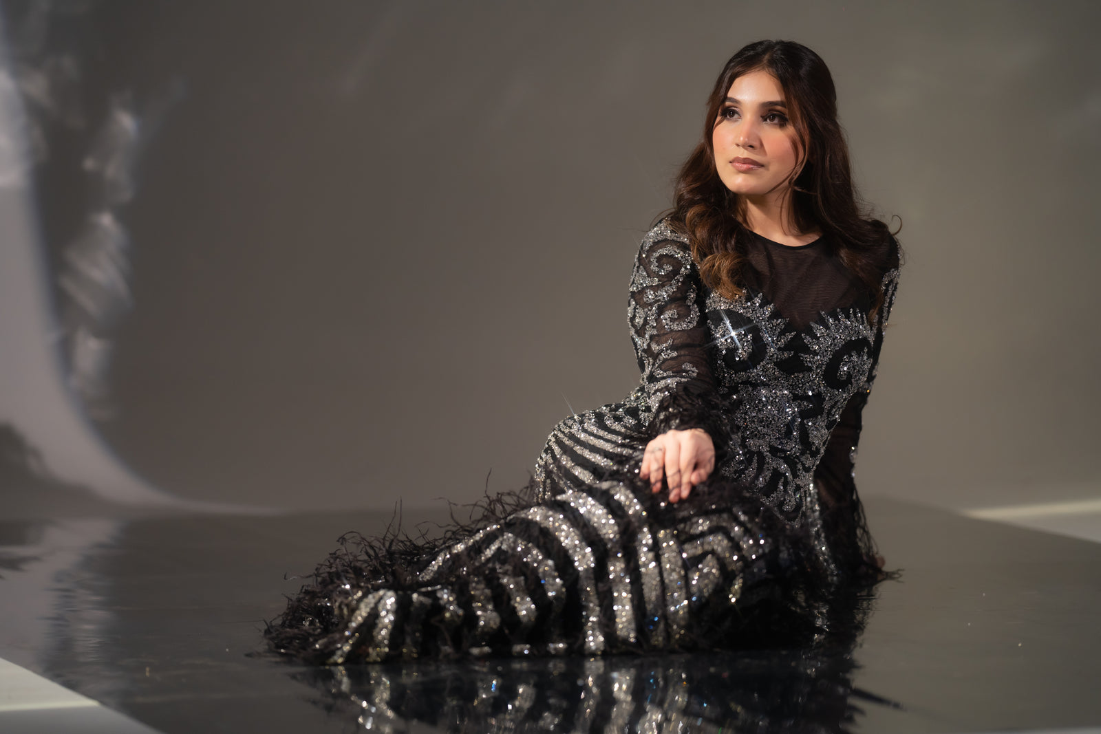 Midnight Black Baroque Beaded & Feather Embellished Evening Gown