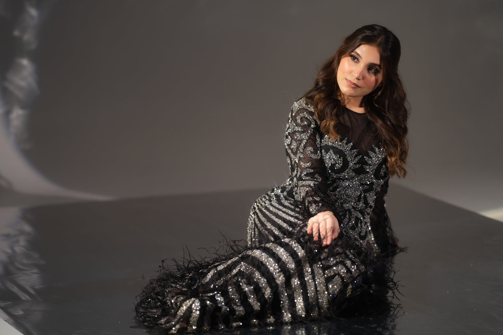 Midnight Black Baroque Beaded & Feather Embellished Evening Gown