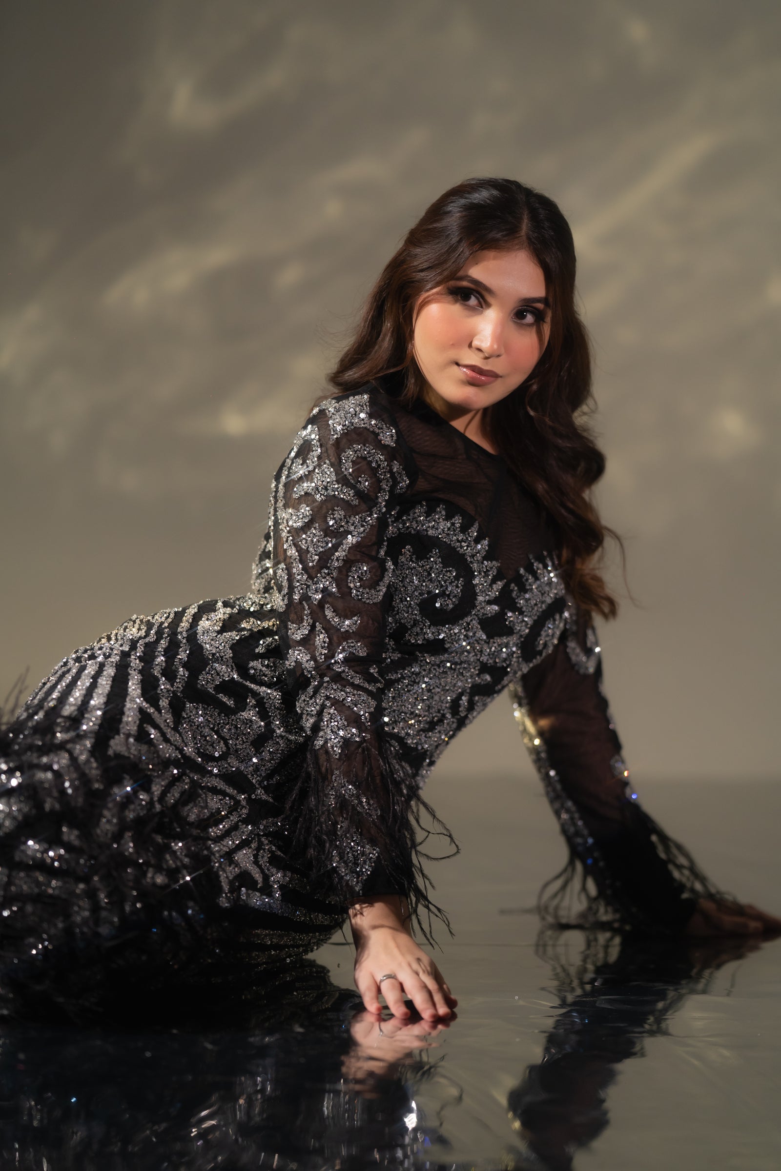Midnight Black Baroque Beaded & Feather Embellished Evening Gown