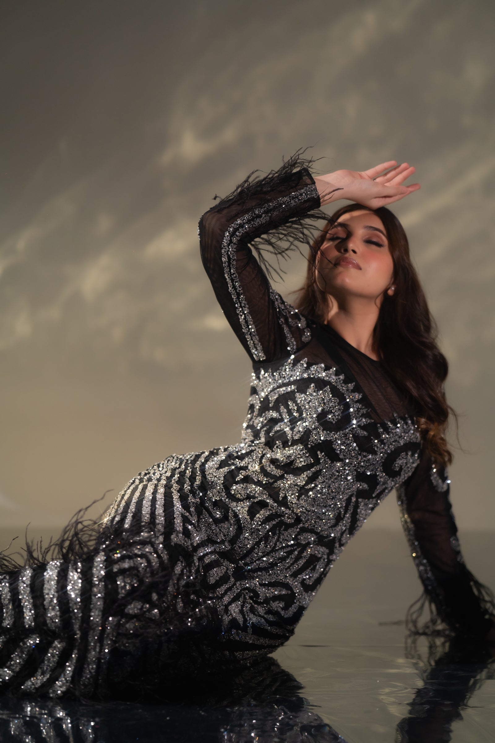 Midnight Black Baroque Beaded & Feather Embellished Evening Gown