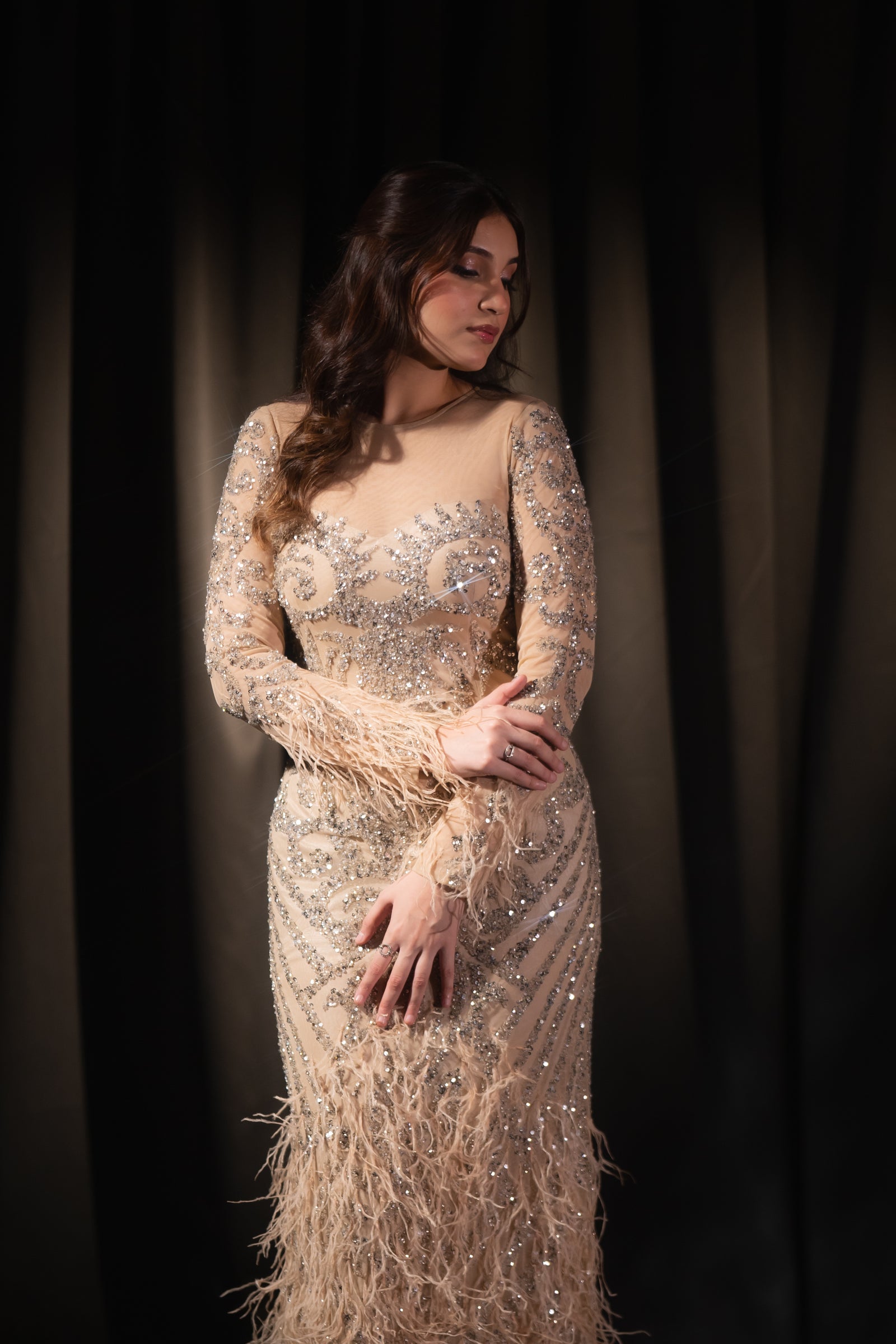 Champagne Beige Baroque Beaded & Feather Embellished Evening Gown