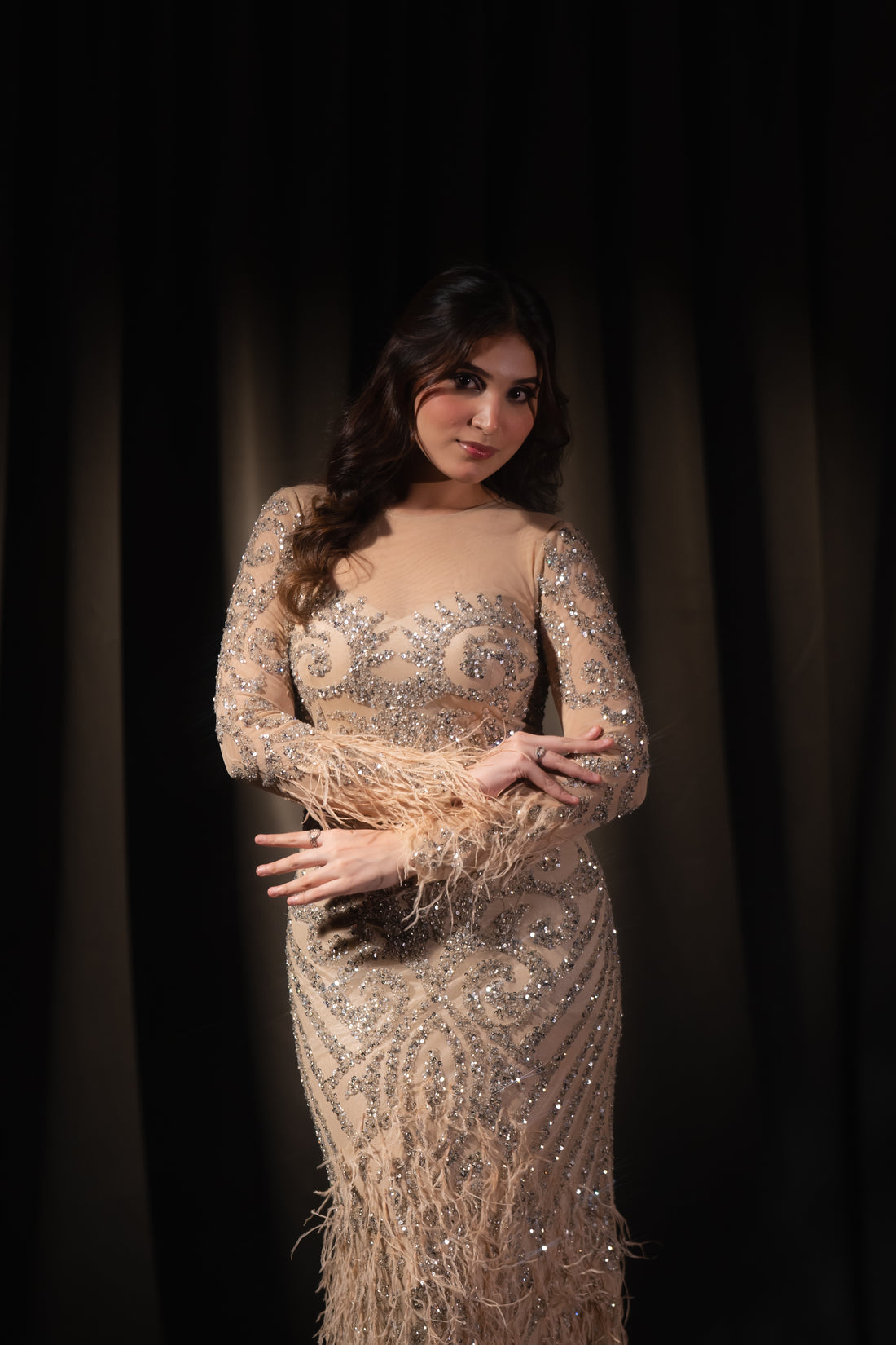 Champagne Beige Baroque Beaded & Feather Embellished Evening Gown