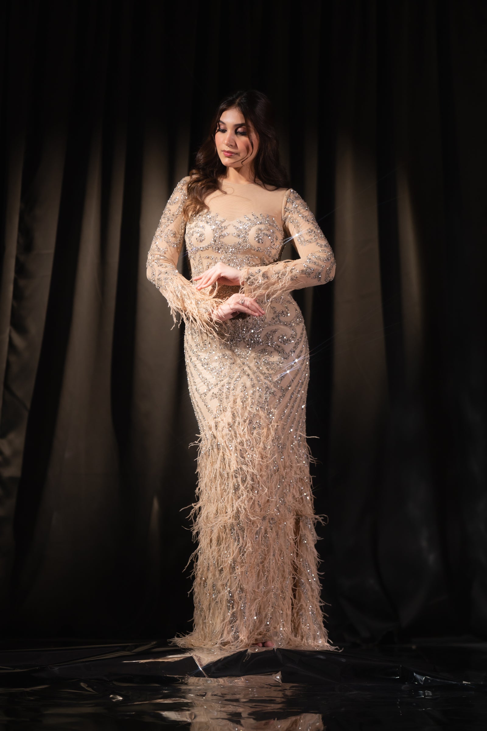 Champagne Beige Baroque Beaded & Feather Embellished Evening Gown