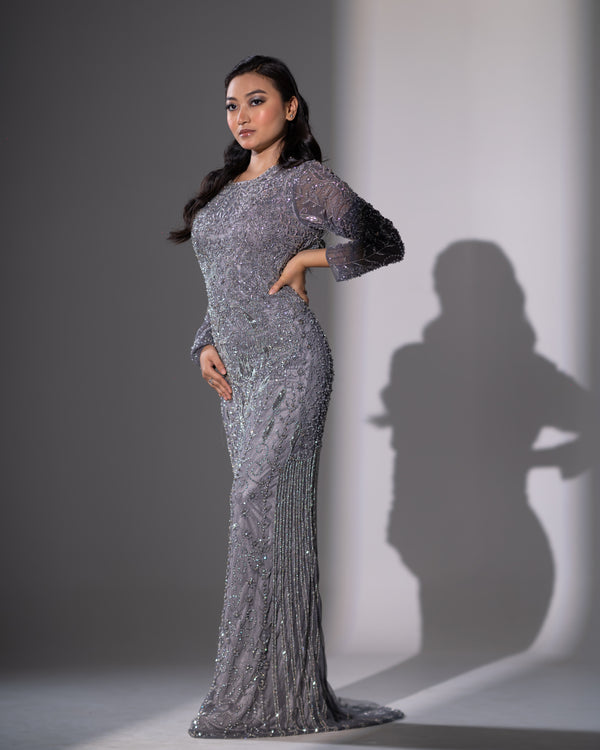 Steel Grey Floral Vine & Linear Beaded Evening Gown