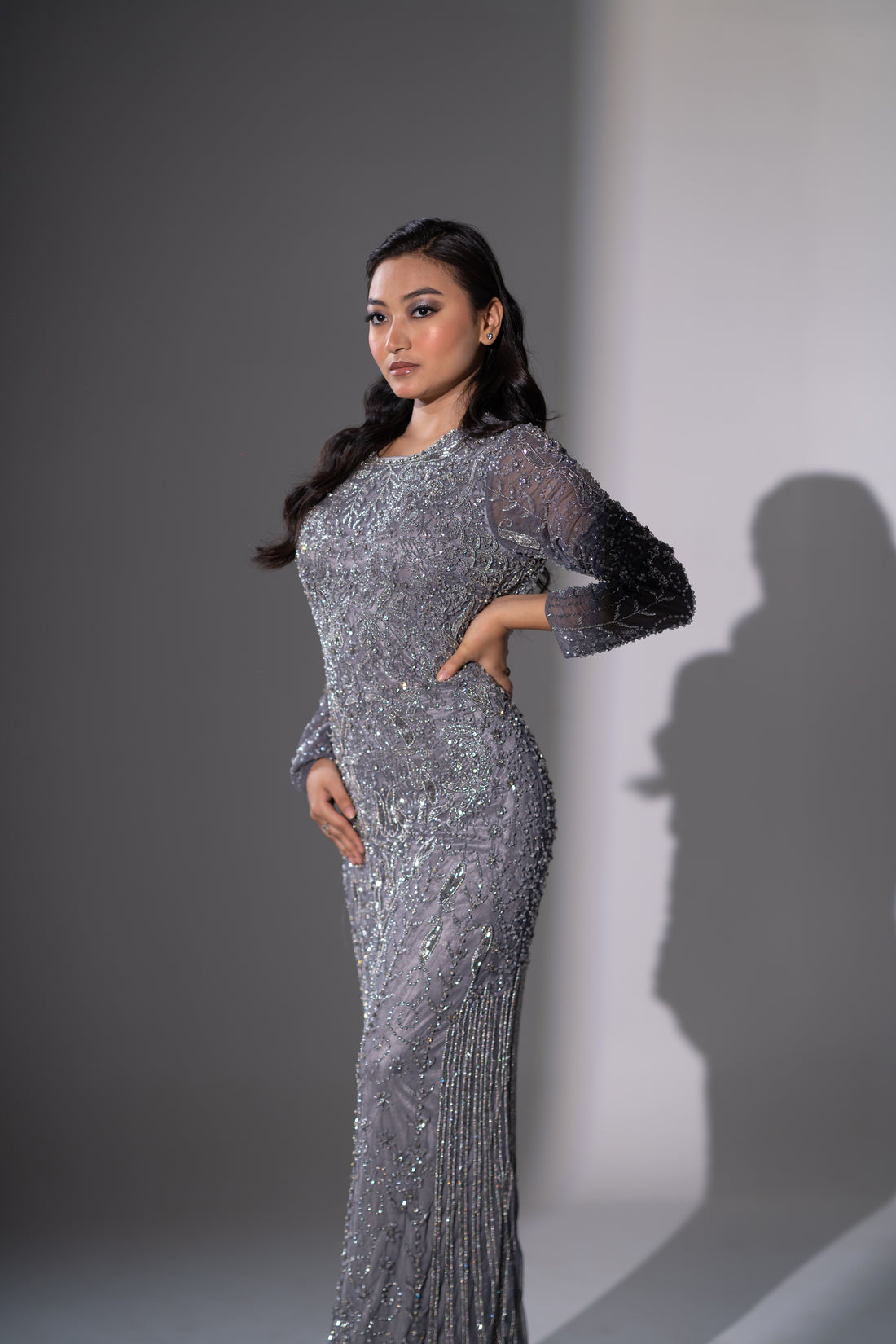 Steel Grey Floral Vine & Linear Beaded Evening Gown