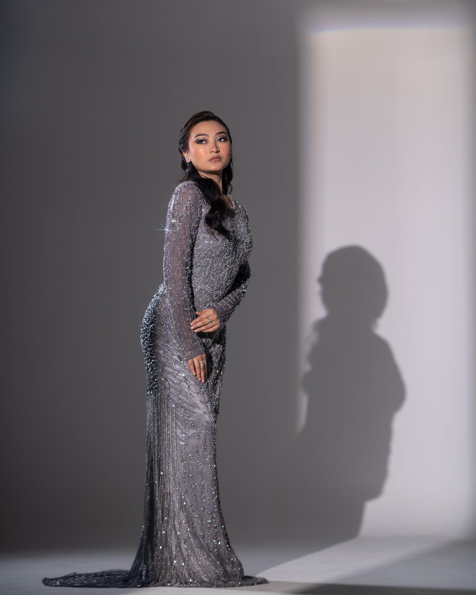 Steel Grey Floral Vine & Linear Beaded Evening Gown