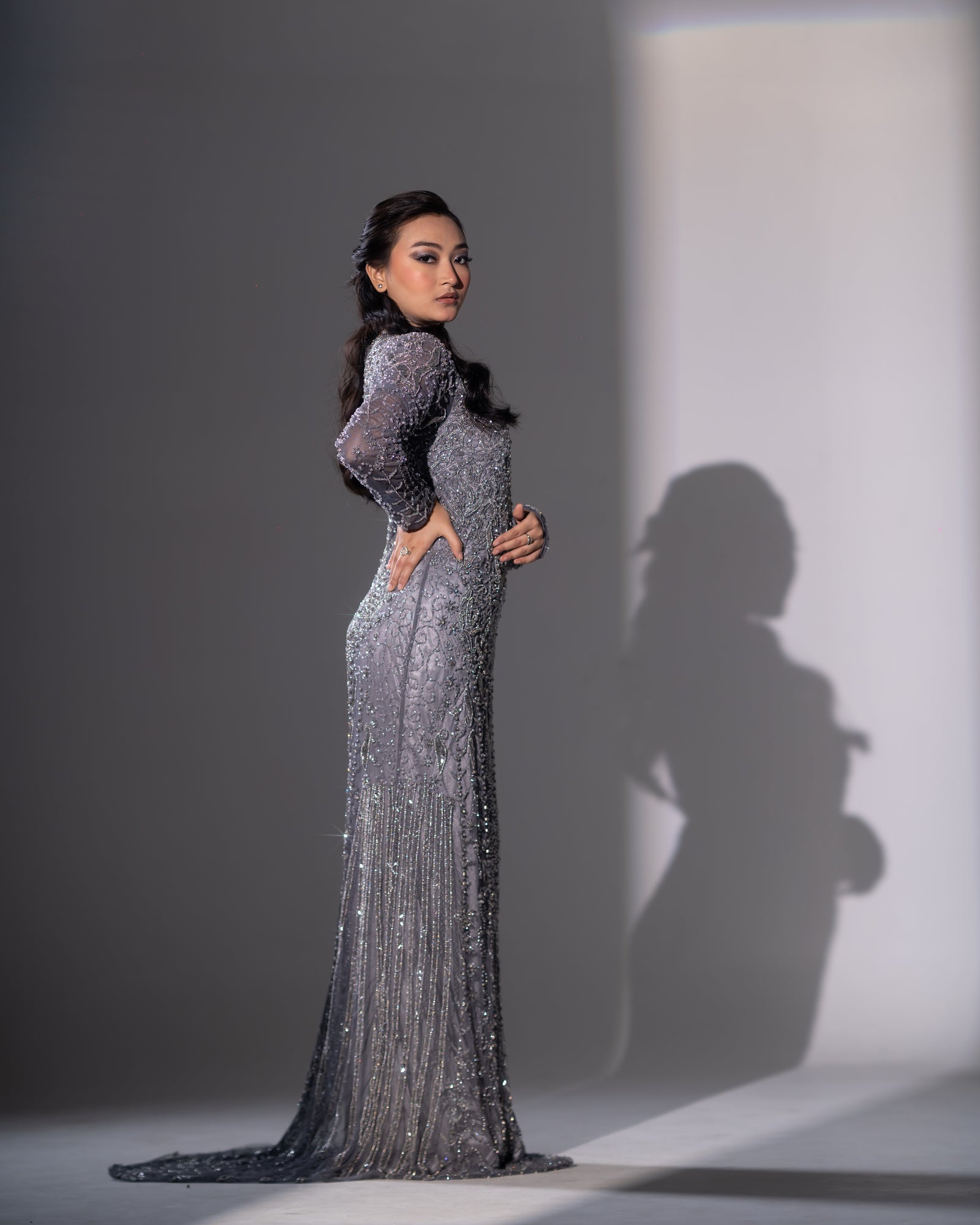 Steel Grey Floral Vine & Linear Beaded Evening Gown