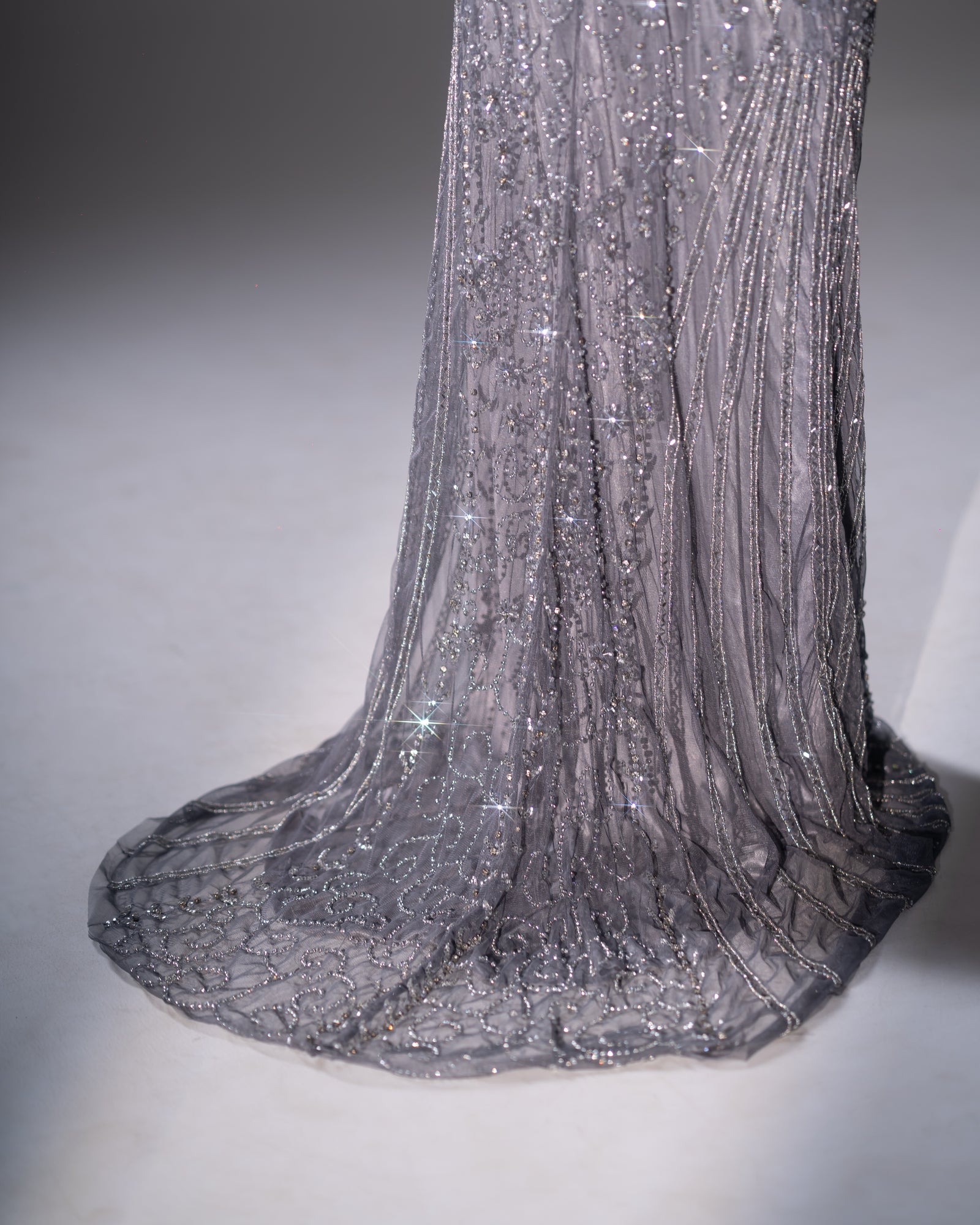 Steel Grey Floral Vine & Linear Beaded Evening Gown