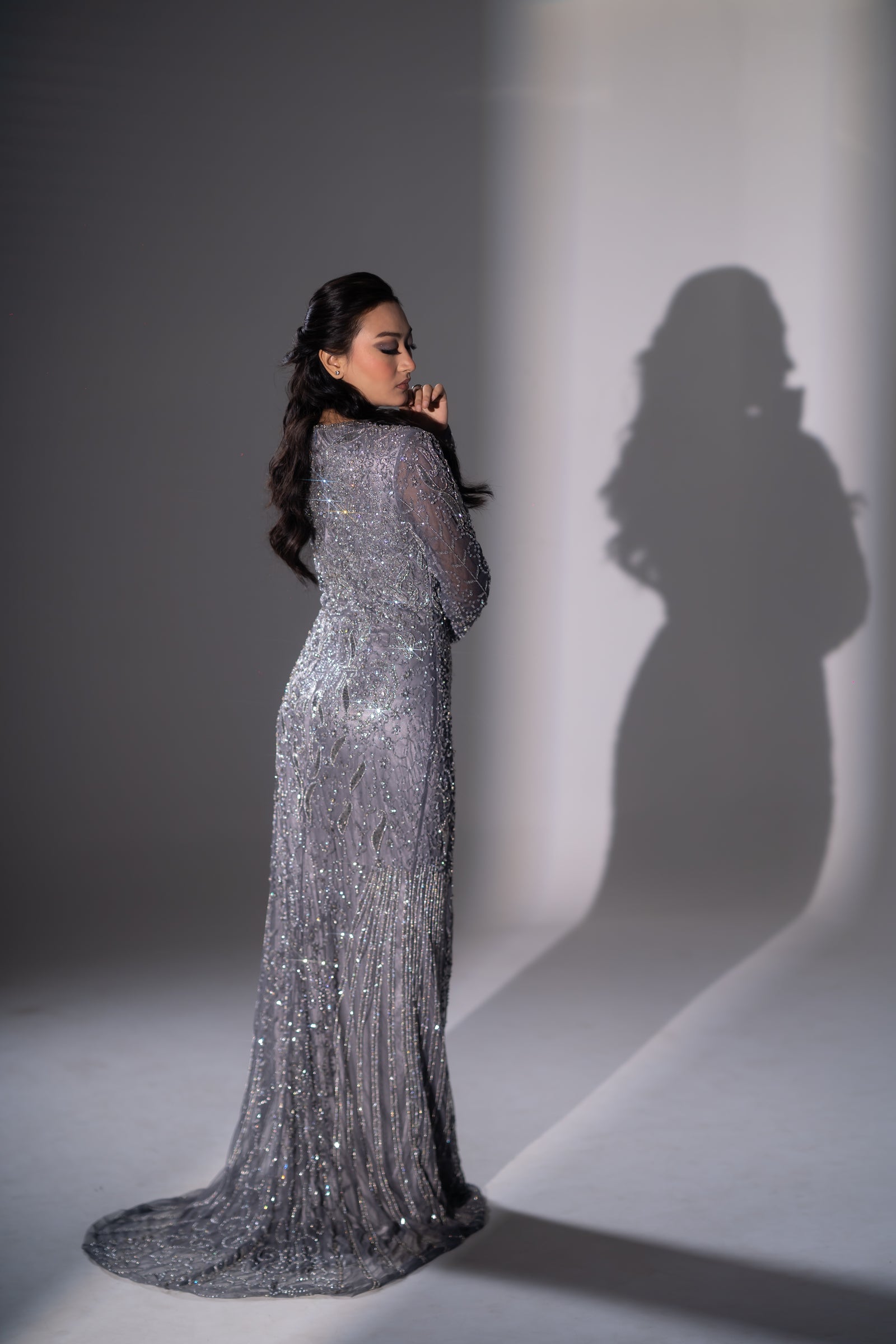 Steel Grey Floral Vine & Linear Beaded Evening Gown