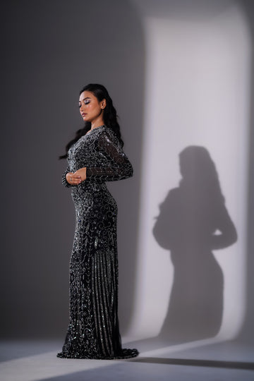 Noir Stardust Embellished Evening Gown