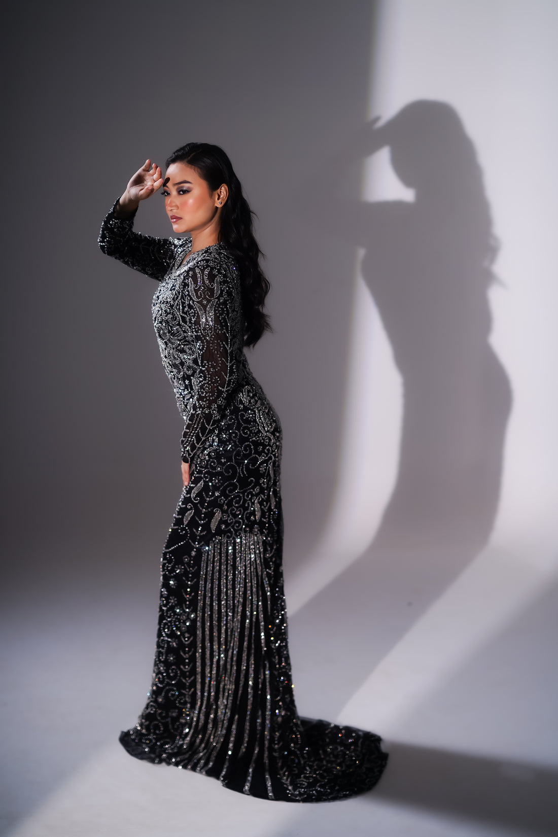 Midnight Black & Silver Scroll Embroidered Evening Gown