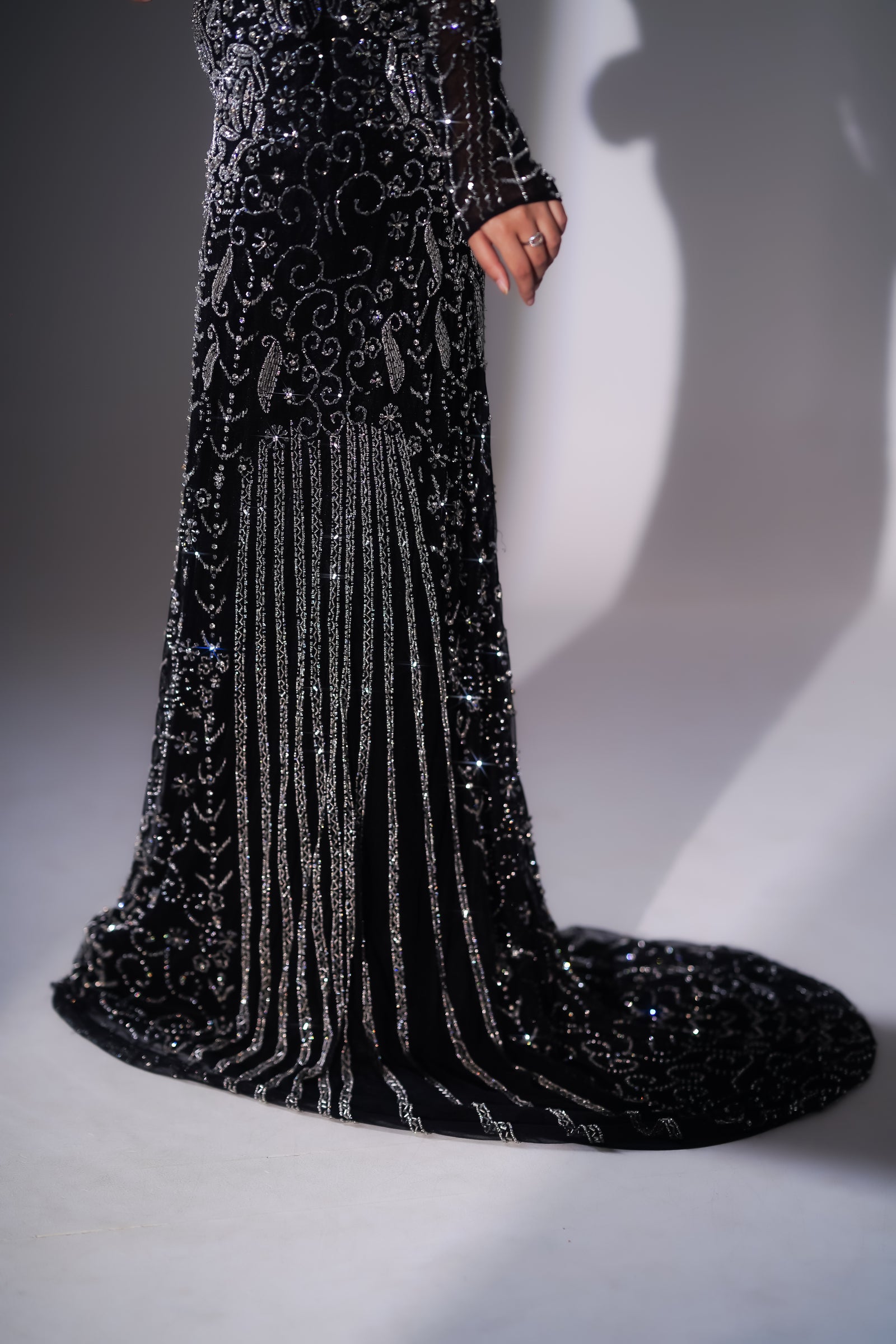 Midnight Black & Silver Scroll Embroidered Evening Gown