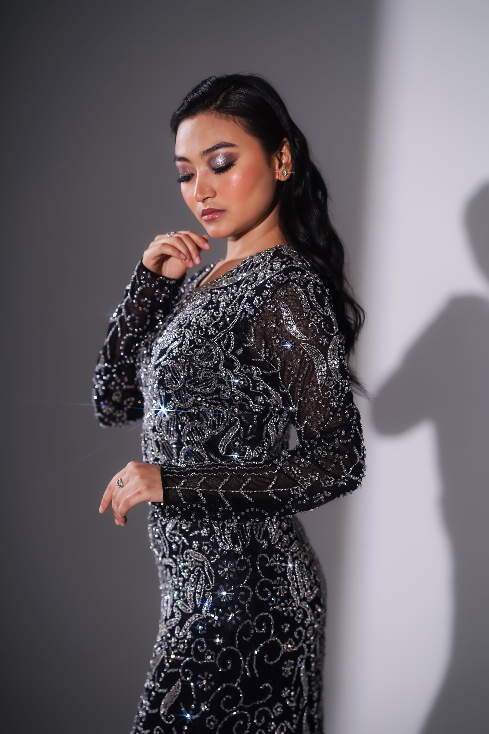 Midnight Black & Silver Scroll Embroidered Evening Gown