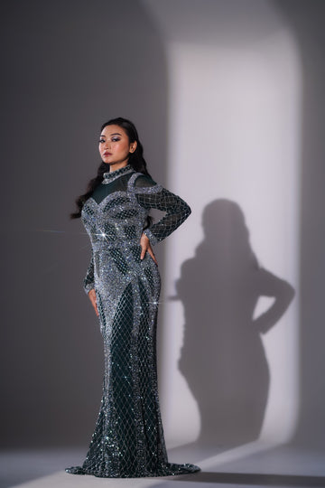 Emerald Eclipse Crystal Couture Gown – Luxury Hand Embellished Evening Dress