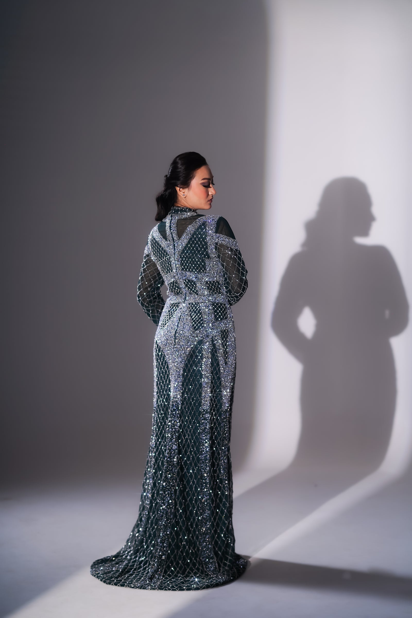 Emerald Green Geometric Lattice Embellished Evening Gown