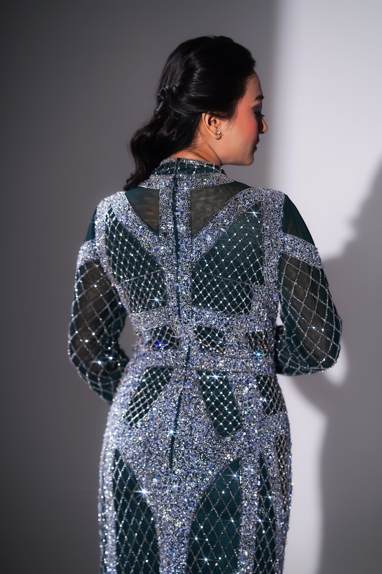 Emerald Green Geometric Lattice Embellished Evening Gown