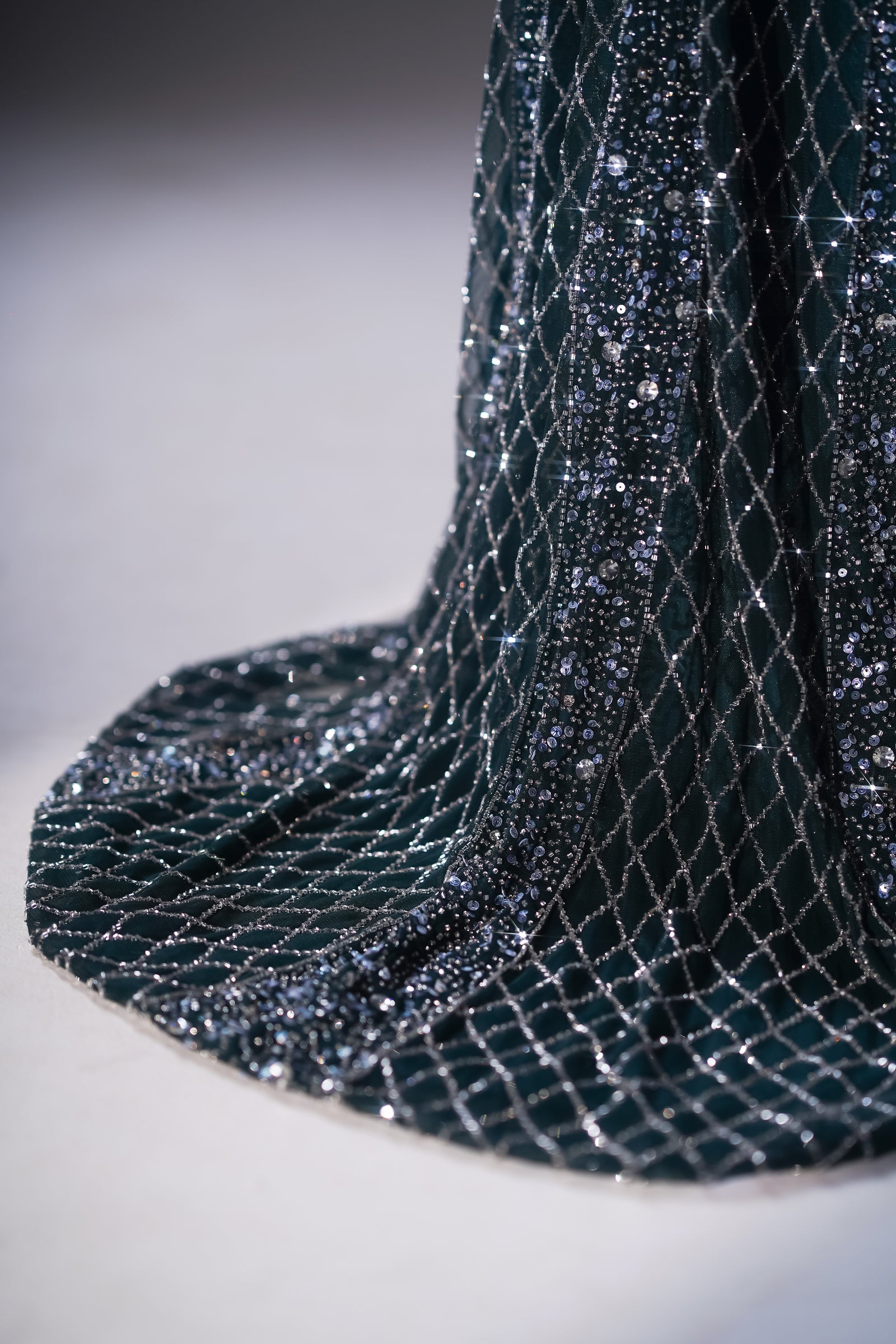 Emerald Green Geometric Lattice Embellished Evening Gown