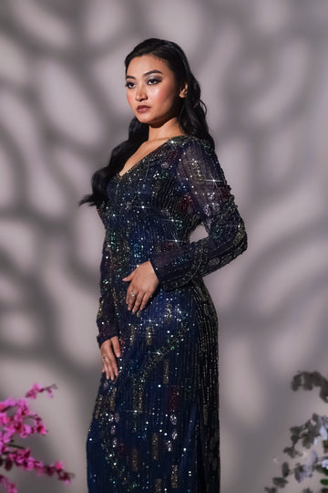 Royal Blue Multi-Color Geometric Crystal Evening Gown