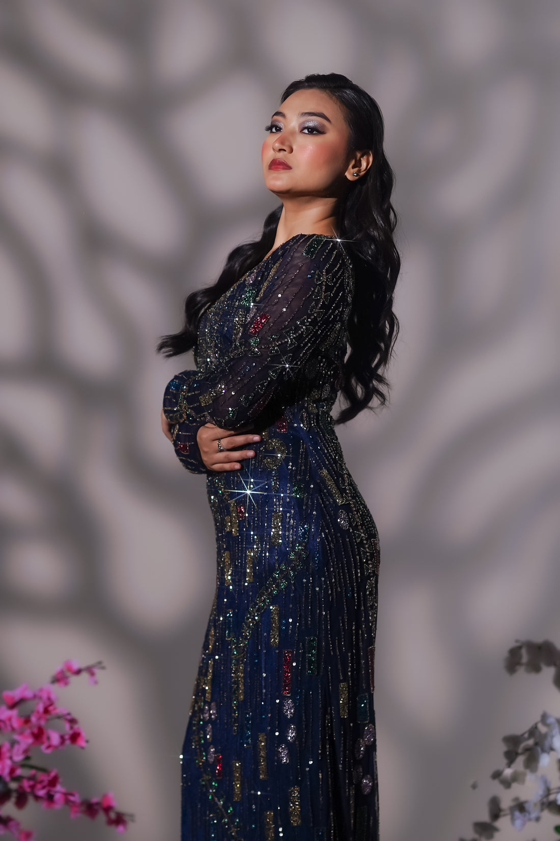 Royal Blue Multi-Color Geometric Crystal Evening Gown