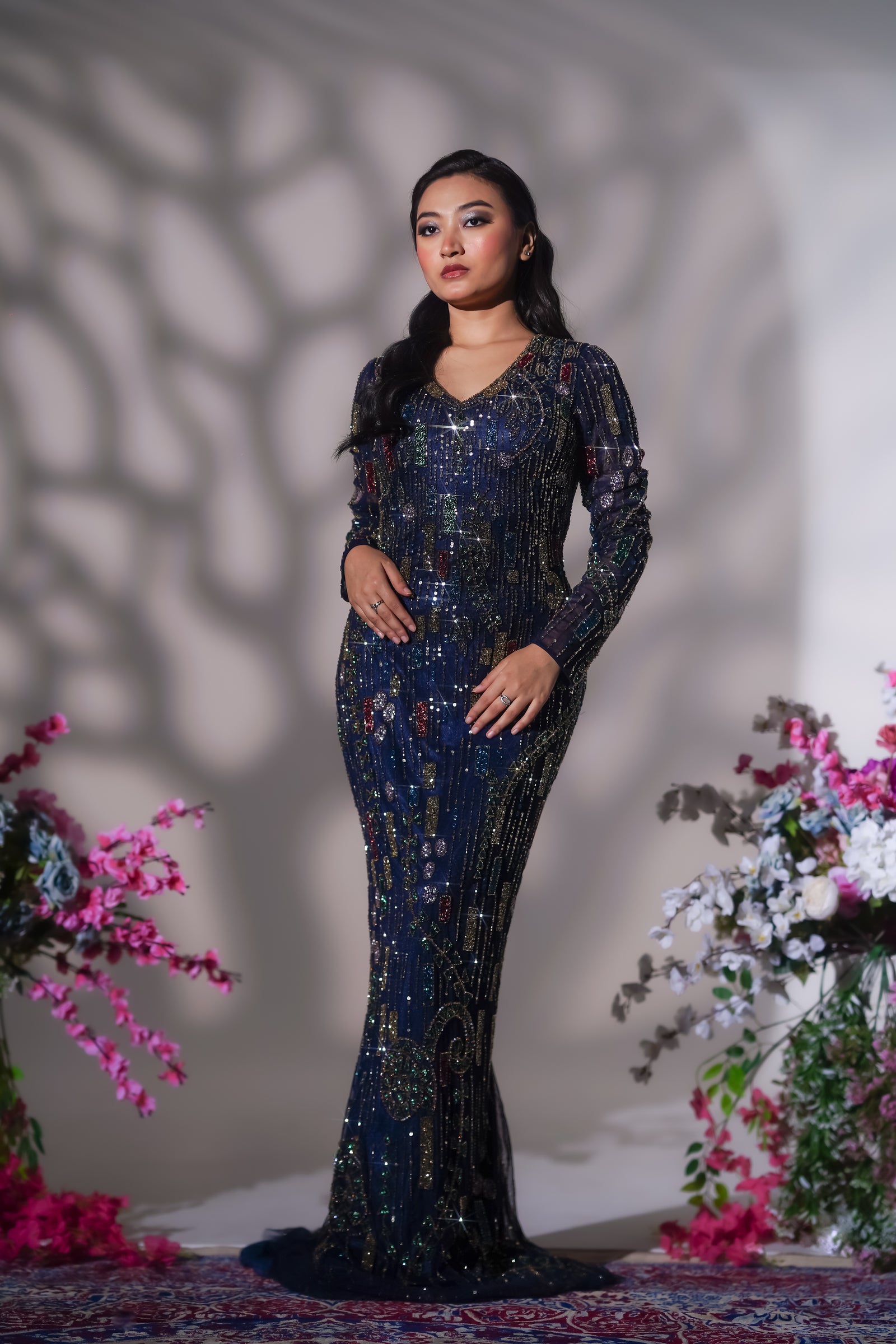Royal Blue Multi-Color Geometric Crystal Evening Gown