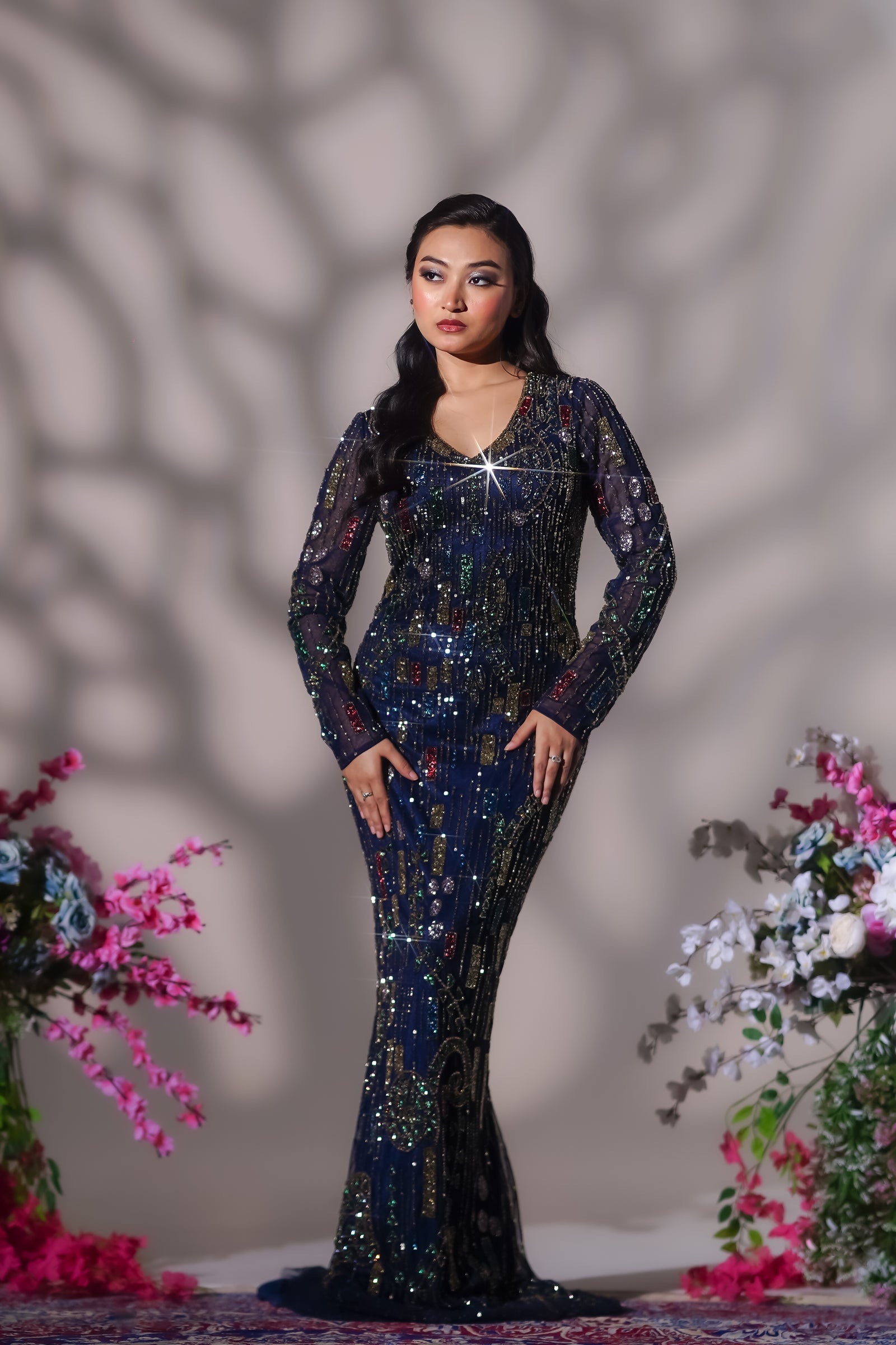 Royal Blue Multi-Color Geometric Crystal Evening Gown