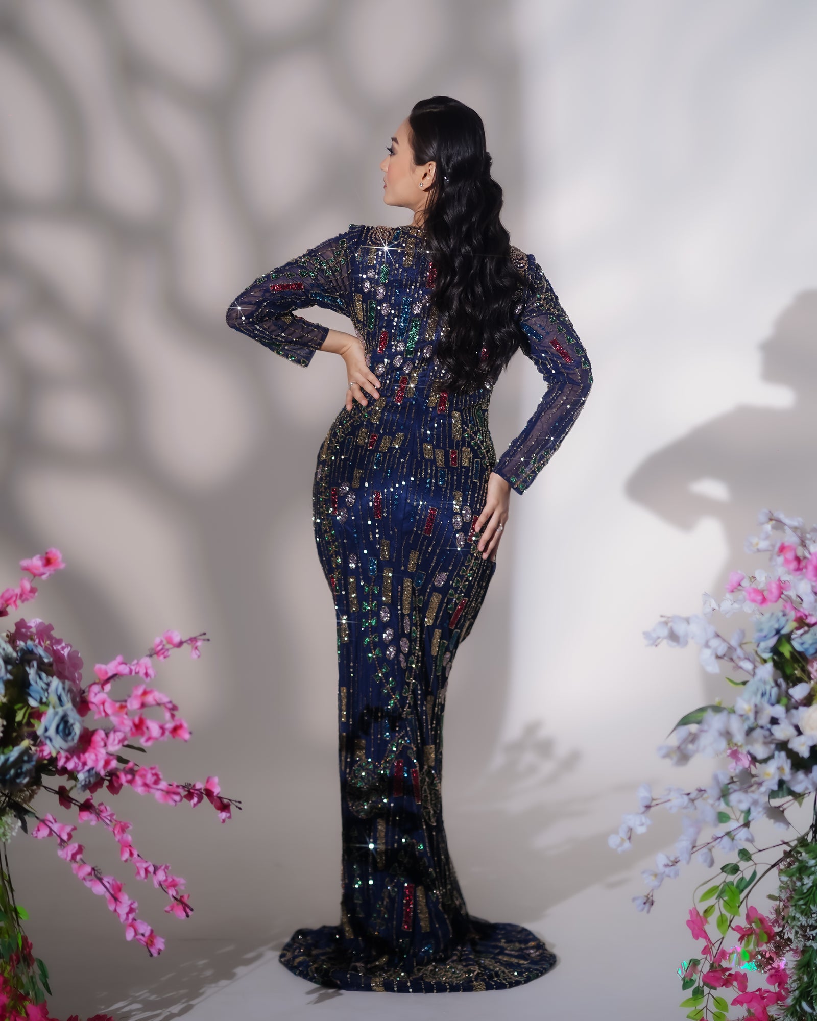 Royal Blue Multi-Color Geometric Crystal Evening Gown