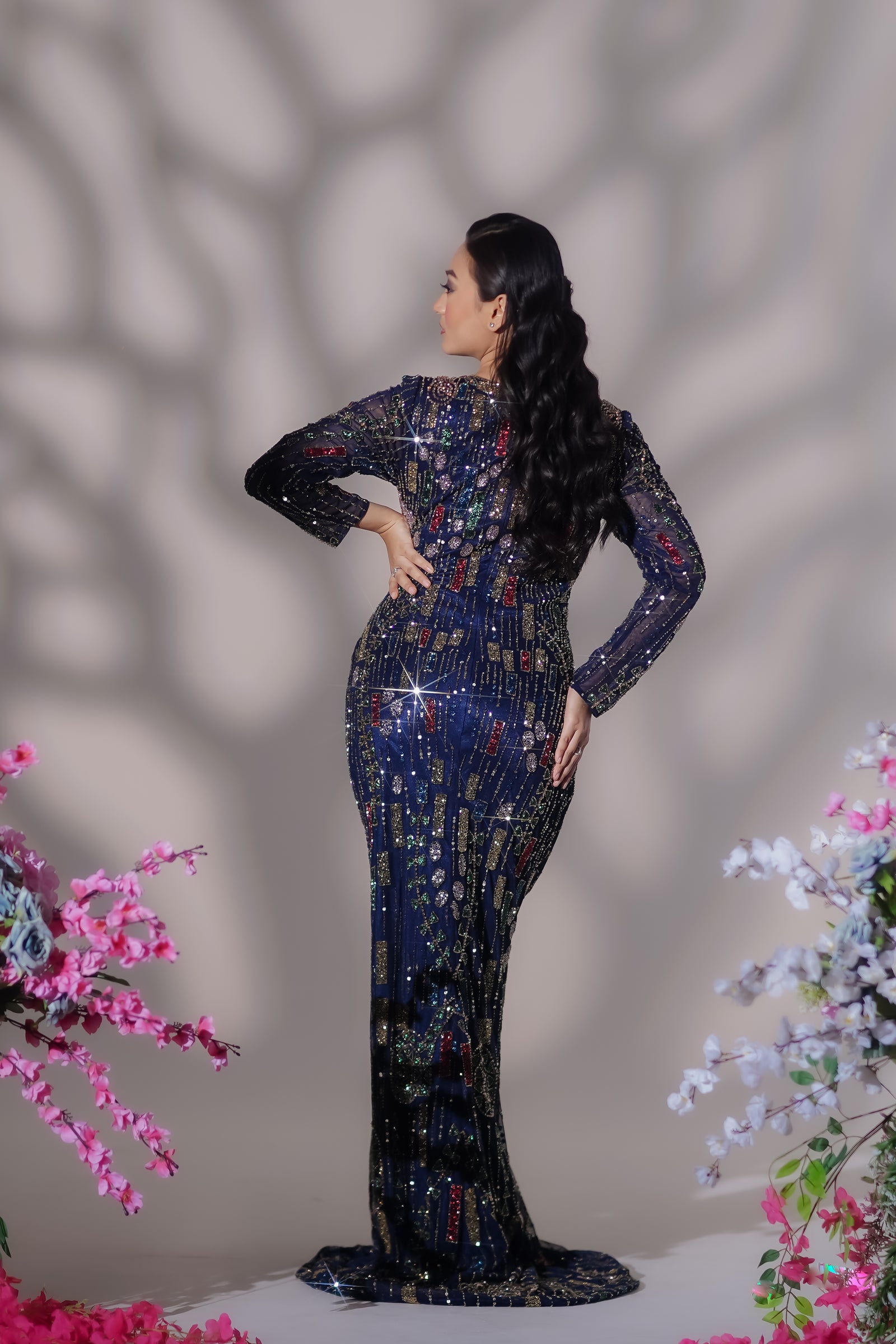 Royal Blue Multi-Color Geometric Crystal Evening Gown