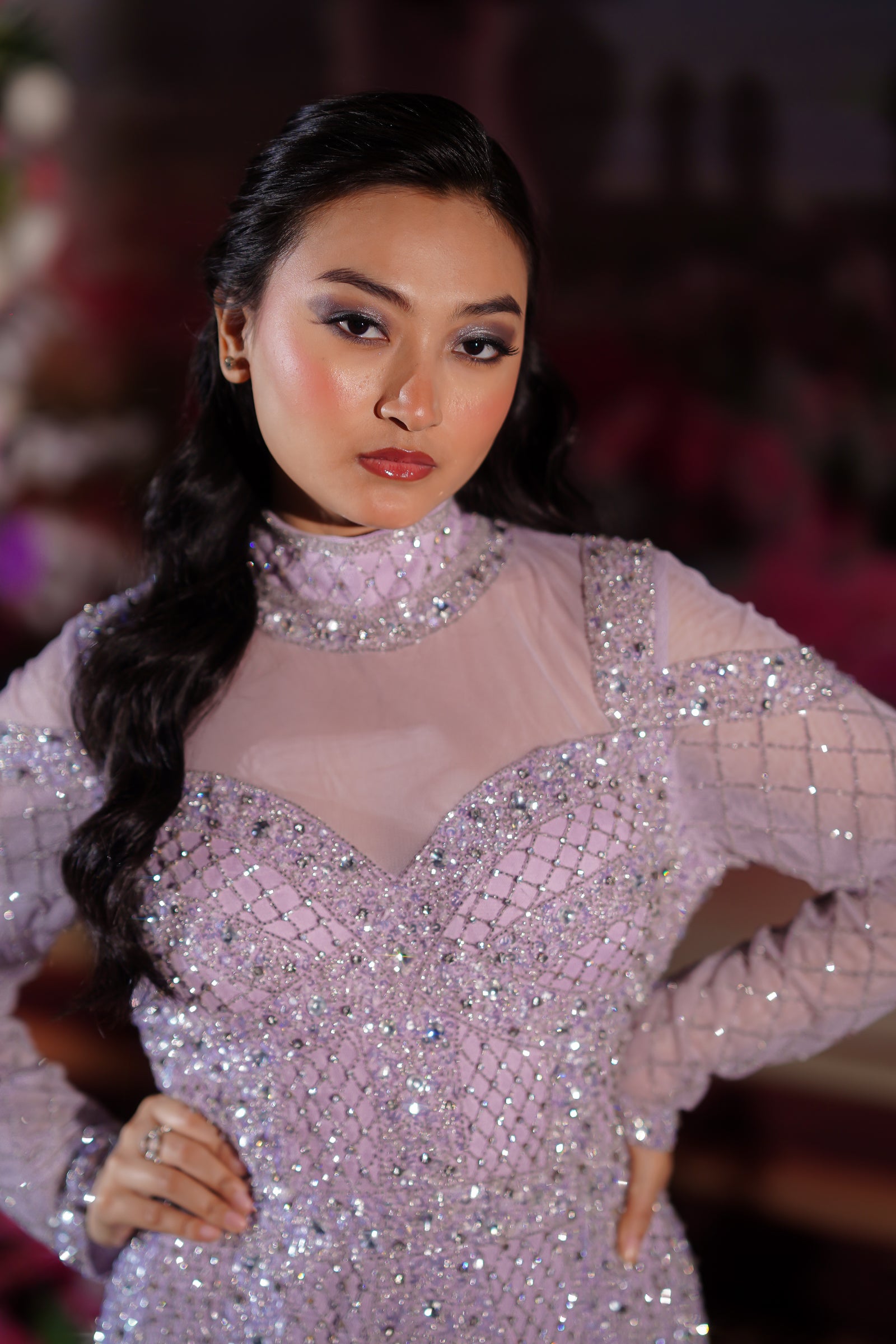Lilac Lavender Geometric Lattice Embellished Evening Gown