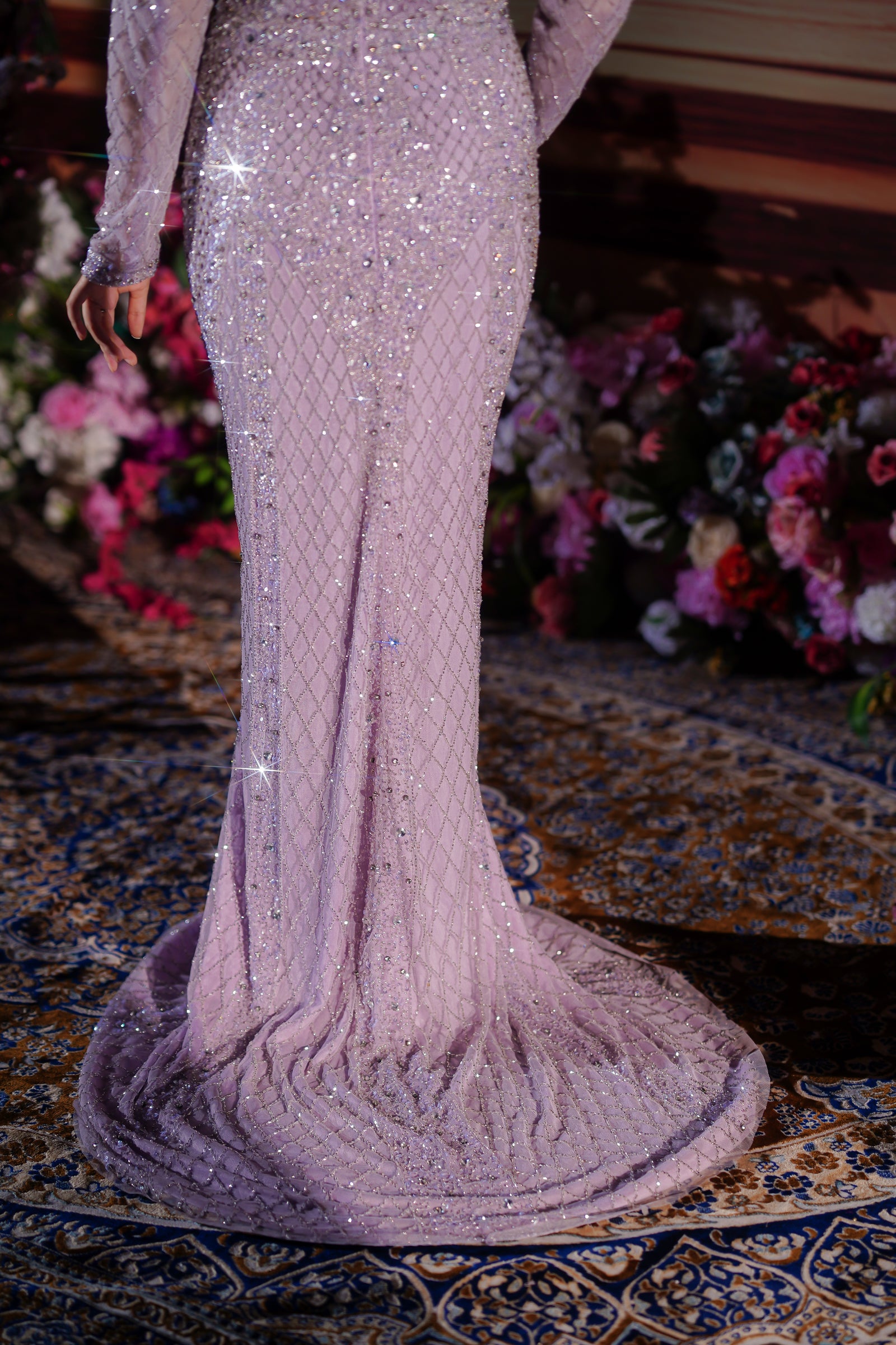 Lilac Lavender Geometric Lattice Embellished Evening Gown