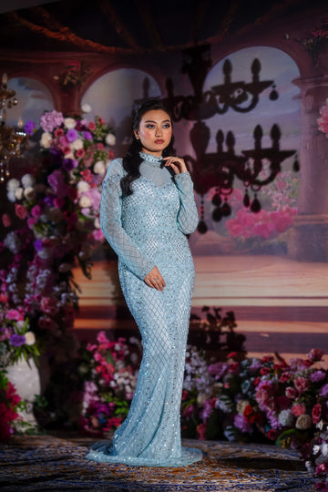 Ice Crystal Elegance Gown – Hand Embellished Powder Blue Mermaid Dress