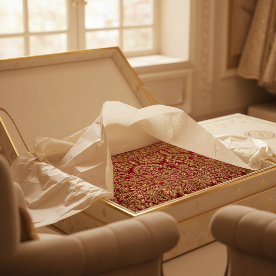 Decorative fabric in a wooden box with a blurred background