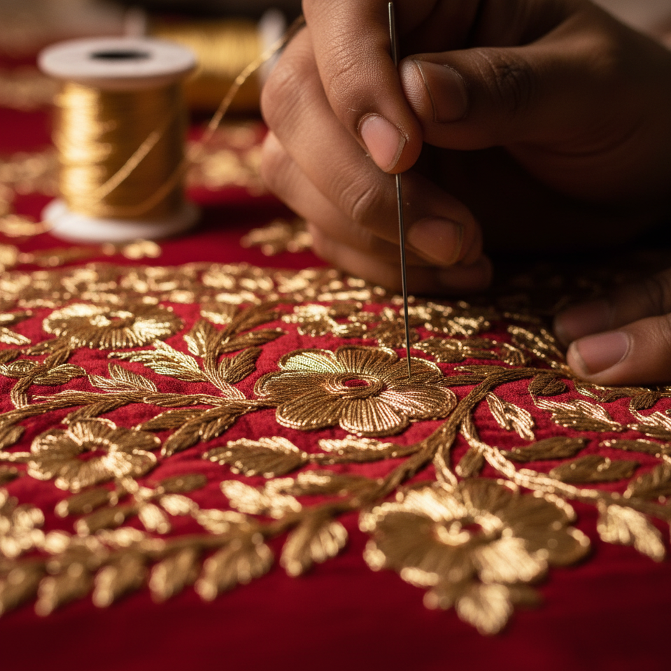 Hand embroidery with gold thread on red fabric