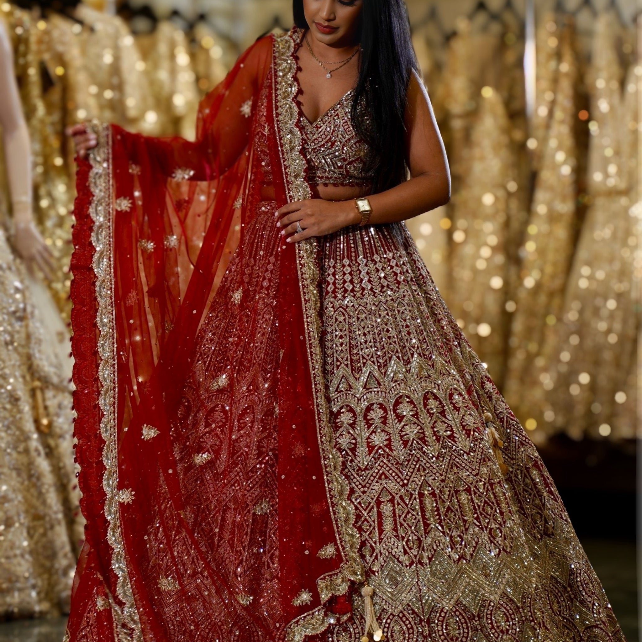 Deep Red Geometric Zardosi & Scalloped Embroidered Bridal Lehenga