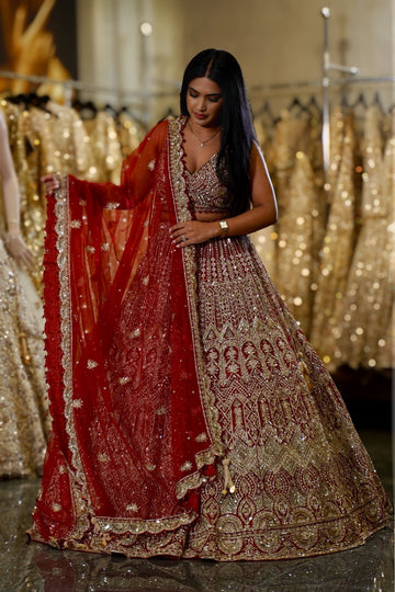 Deep Red Geometric Zardosi & Scalloped Embroidered Bridal Lehenga