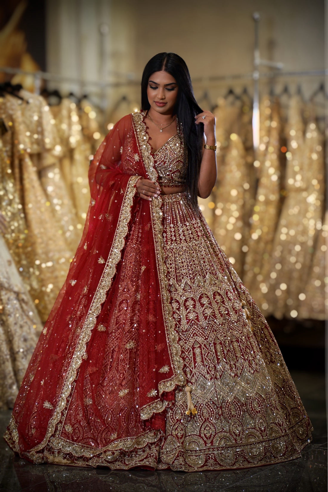 Deep Red Geometric Zardosi & Scalloped Embroidered Bridal Lehenga