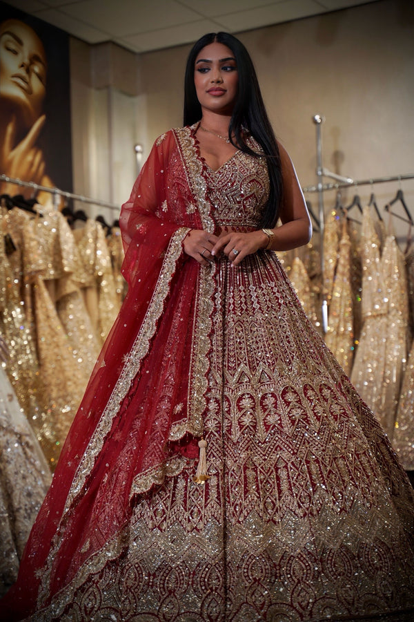 Deep Red Geometric Zardosi & Scalloped Embroidered Bridal Lehenga
