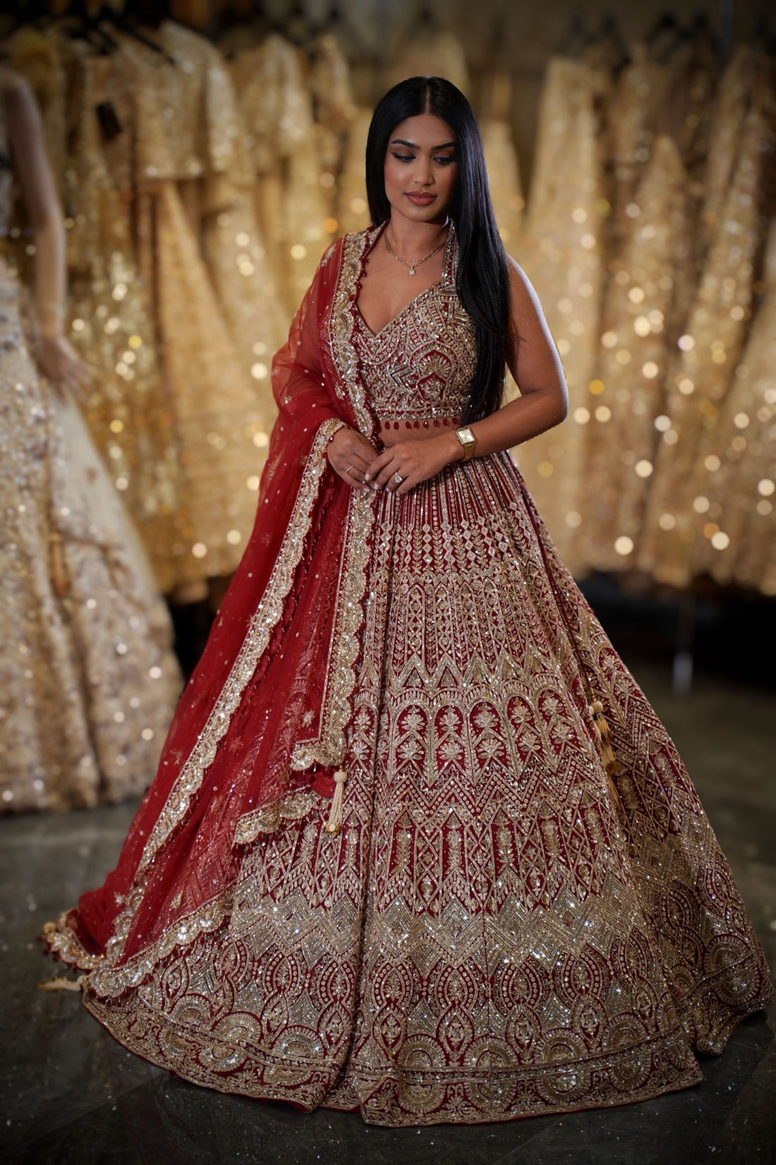 Deep Red Geometric Zardosi & Scalloped Embroidered Bridal Lehenga