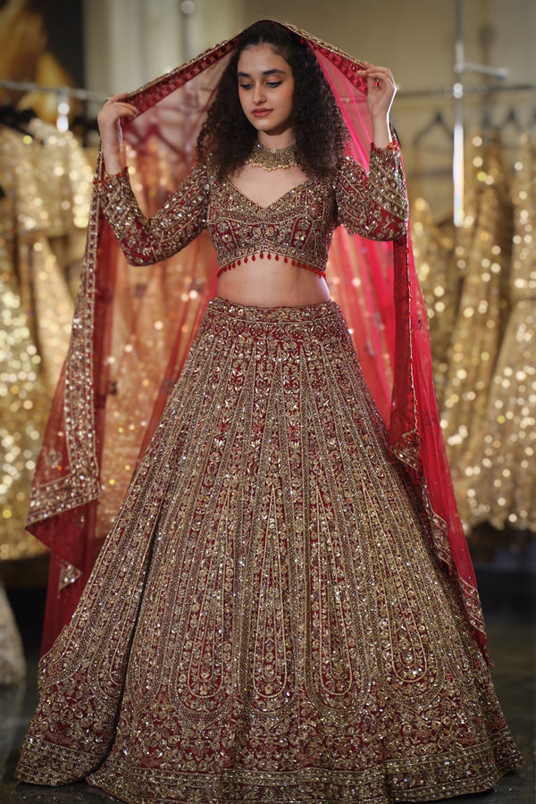 Deep Red Heavy Zardosi & Vertical Panel Embroidered Bridal Lehenga